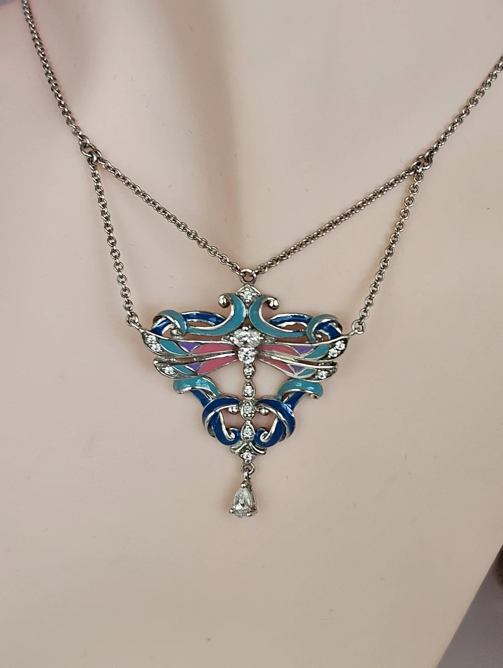 Authentic Victoria Wieck Art Noveau Enamel Dragonfly Necklace Sterling Silver